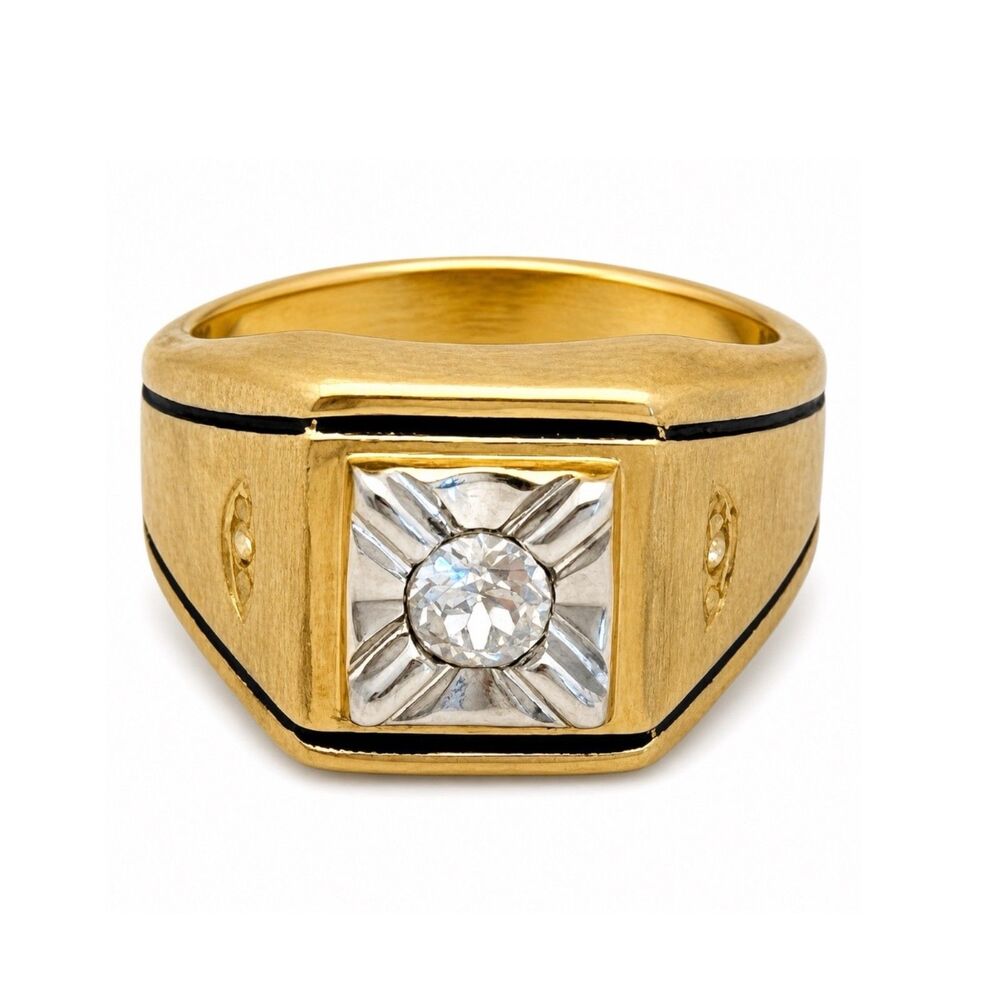 Vintage 1970s Ring Size 10 Uncas CZ Square Bezel Textured Gold Plated - 14O
